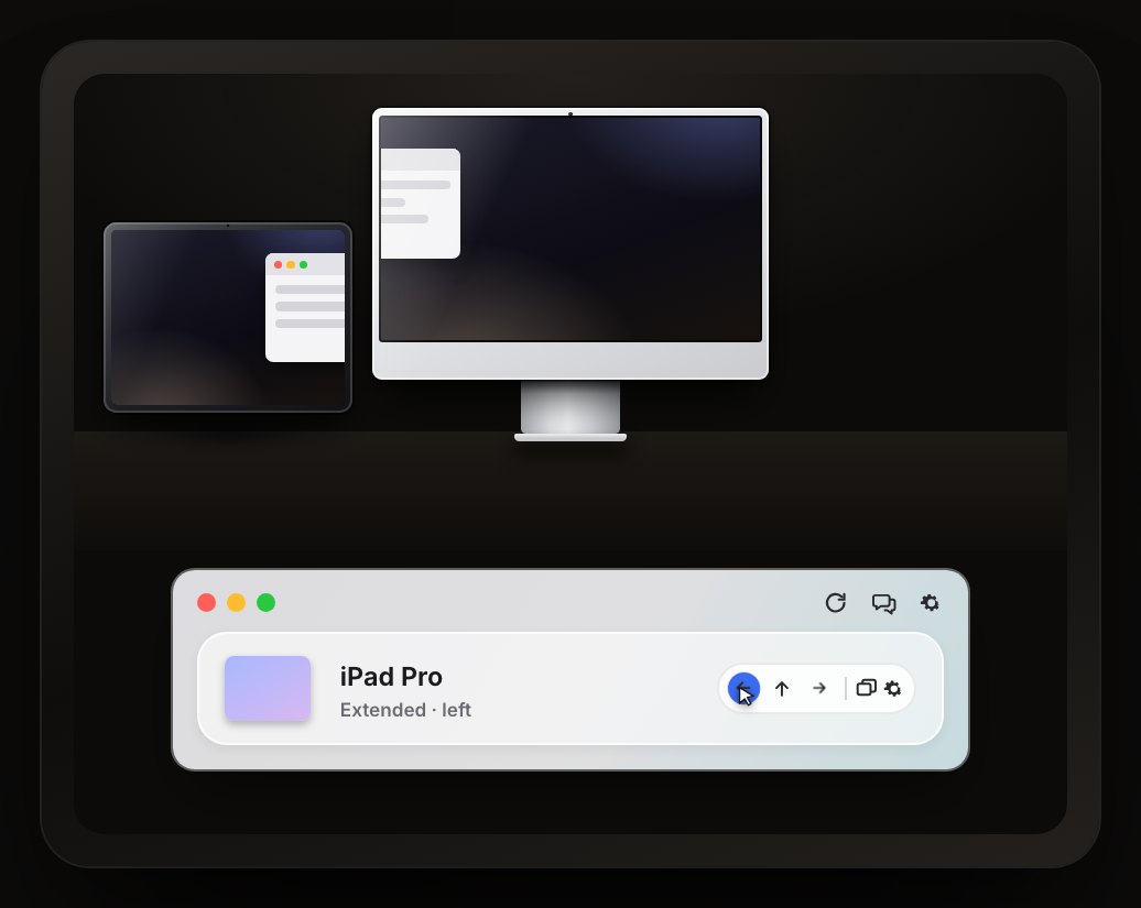 ProStudio Display on a desk: an iMac in the middle and an iPad Pro beside it as a second screen, with the app window showing Extended · left