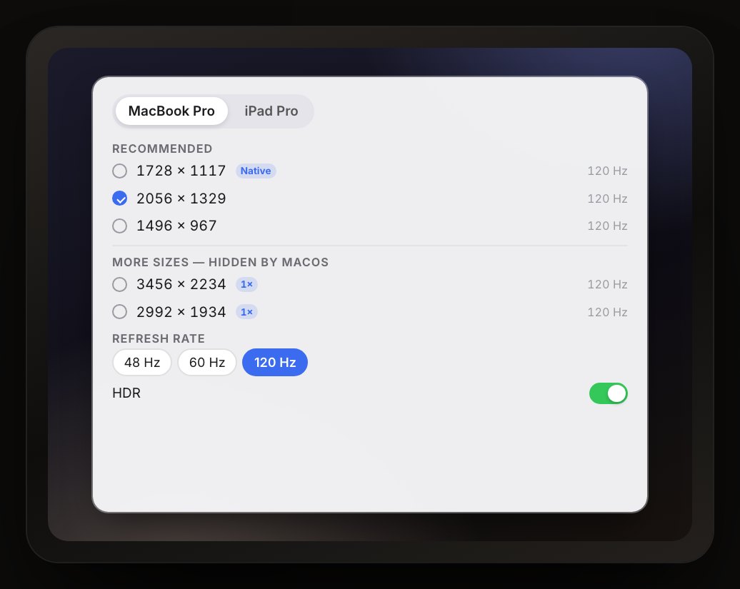 ProStudio Display resolution card listing recommended and hidden resolutions, refresh rate and HDR for a MacBook Pro