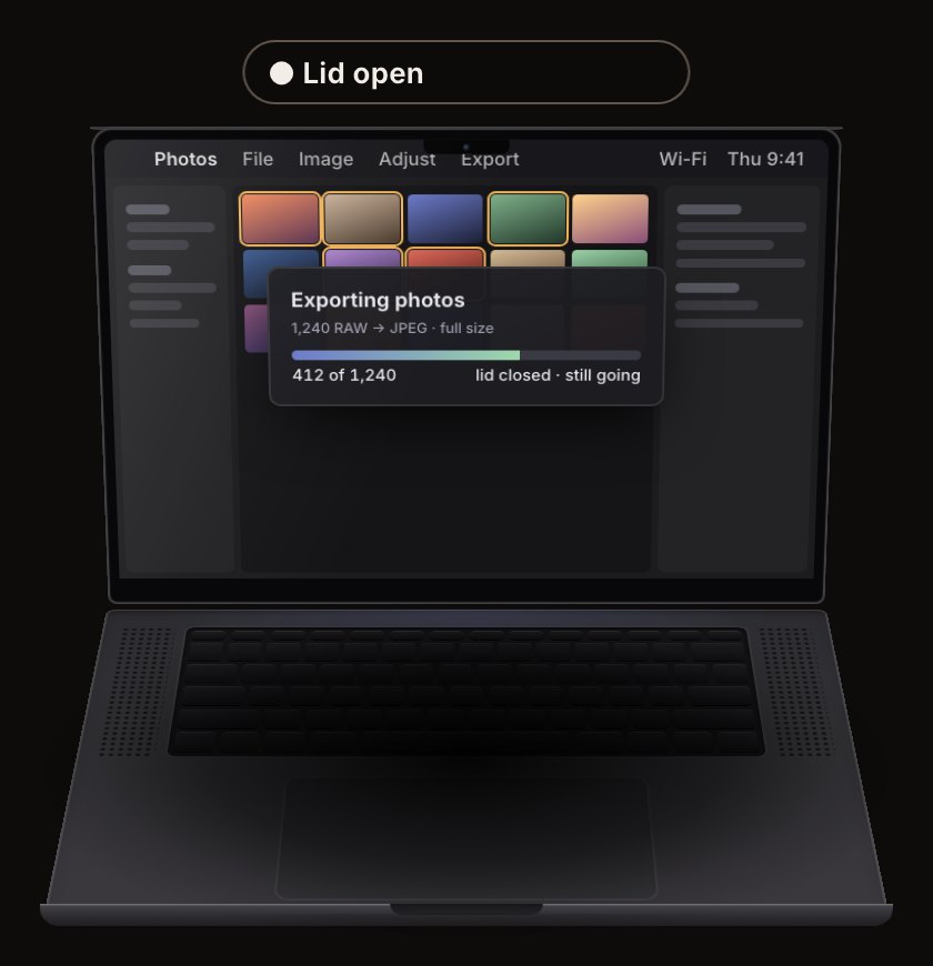MacBook Pro with the lid open showing a photo export in progress that continues when the lid is closed